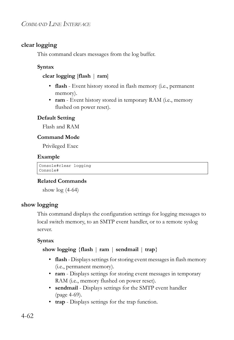 Clear logging, Show logging, Clear logging -62 show logging -62 | SMC Networks SMC Tiger 10/100 SMC6128L2 User Manual | Page 362 / 606