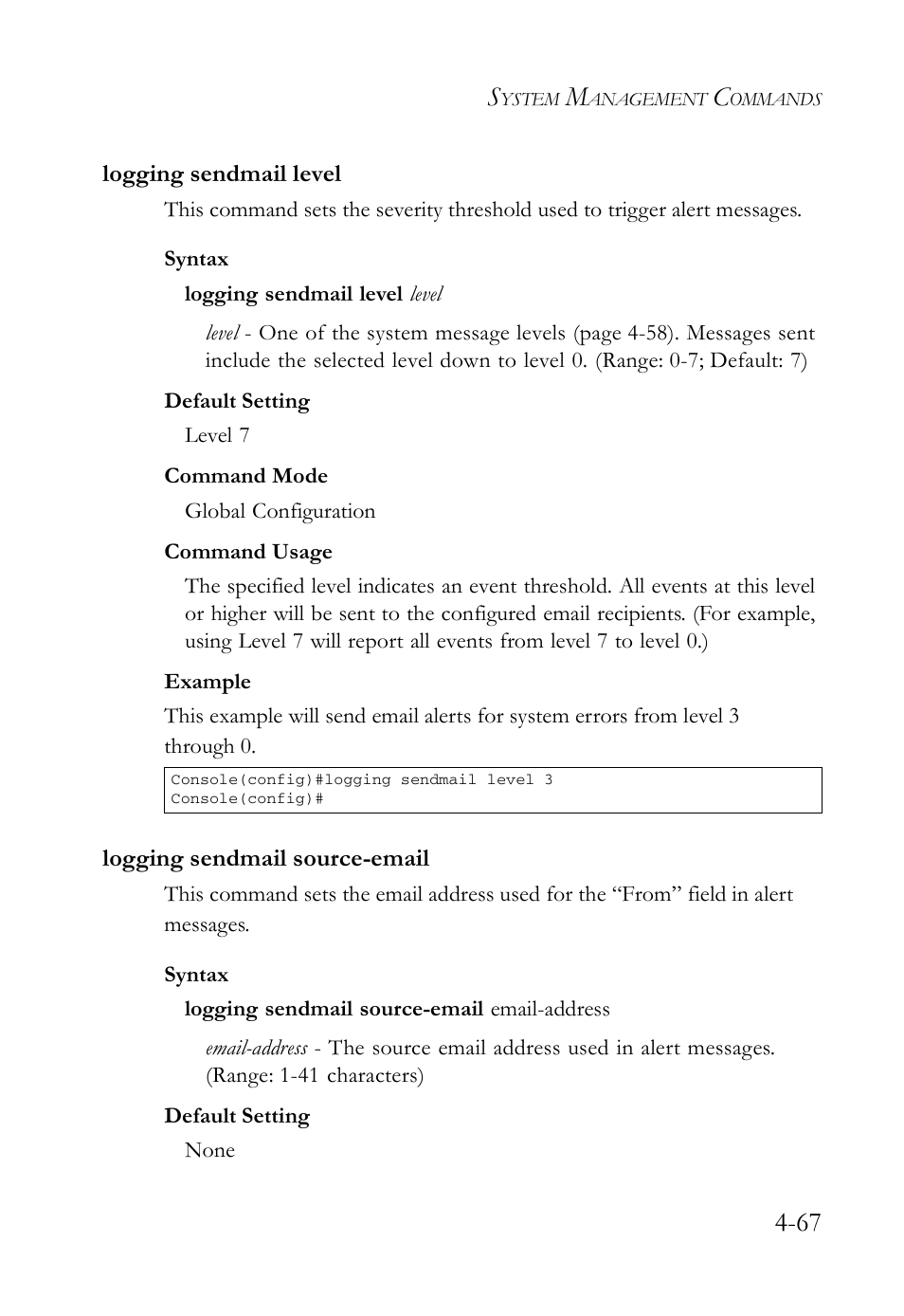 Logging sendmail level, Logging sendmail source-email | SMC Networks SMC Tiger 10/100 SMC6128L2 User Manual | Page 367 / 606