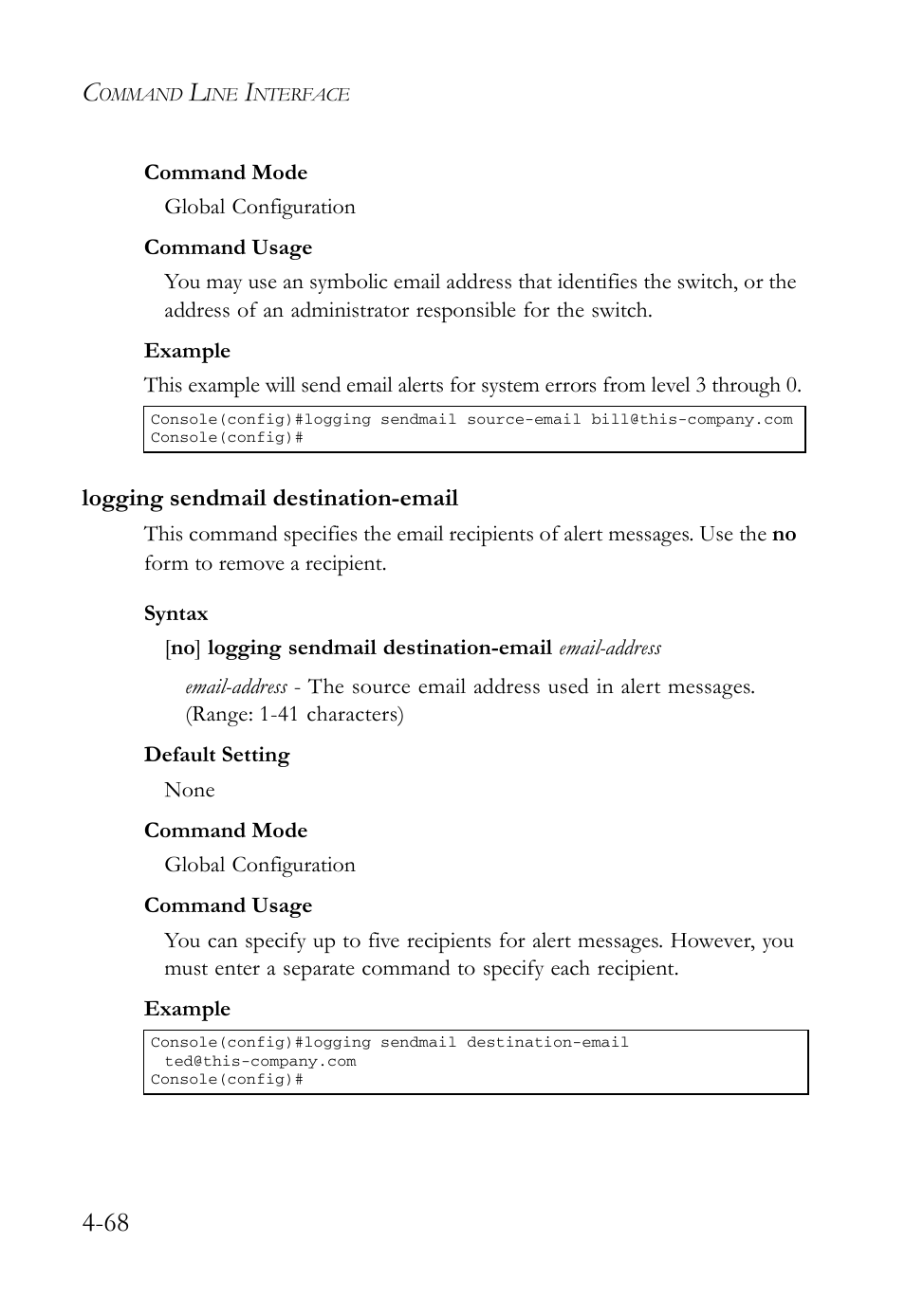 Logging sendmail destination-email, Logging sendmail destination-email -68 | SMC Networks SMC Tiger 10/100 SMC6128L2 User Manual | Page 368 / 606
