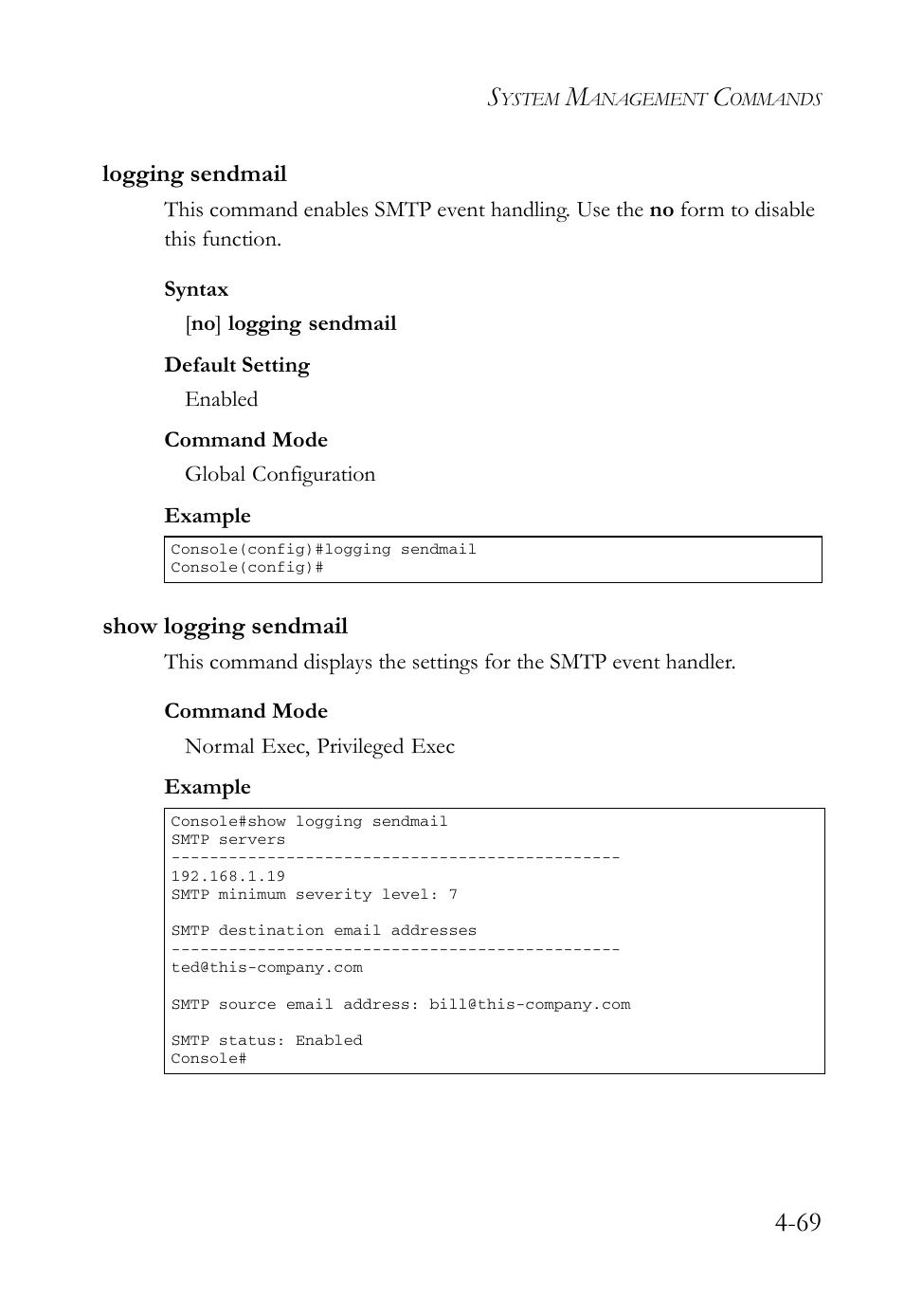 Logging sendmail, Show logging sendmail, Logging sendmail -69 show logging sendmail -69 | SMC Networks SMC Tiger 10/100 SMC6128L2 User Manual | Page 369 / 606