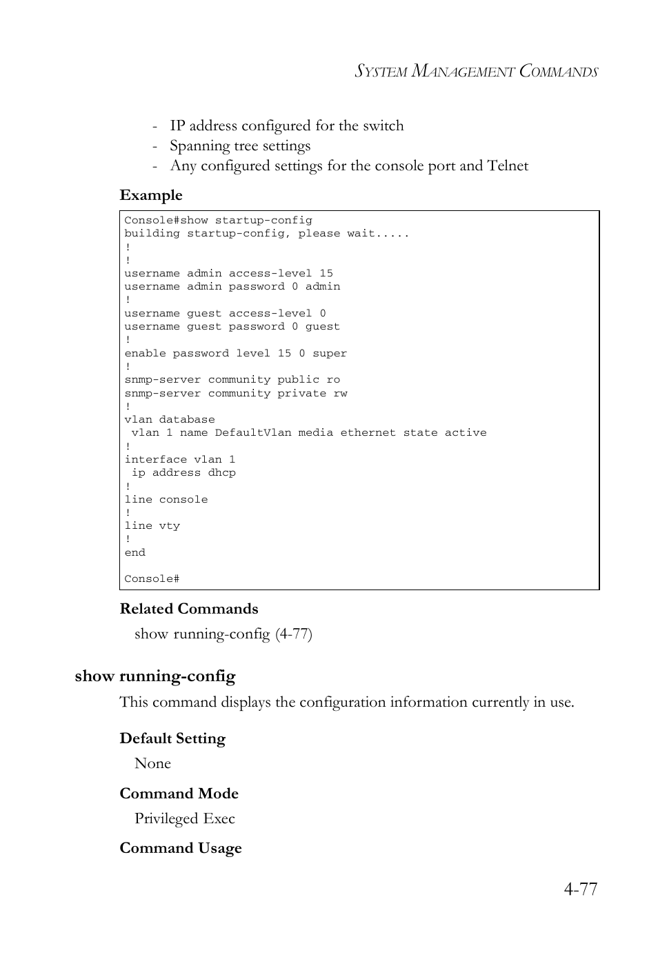 Show running-config, Show running-config -77 | SMC Networks SMC Tiger 10/100 SMC6128L2 User Manual | Page 377 / 606