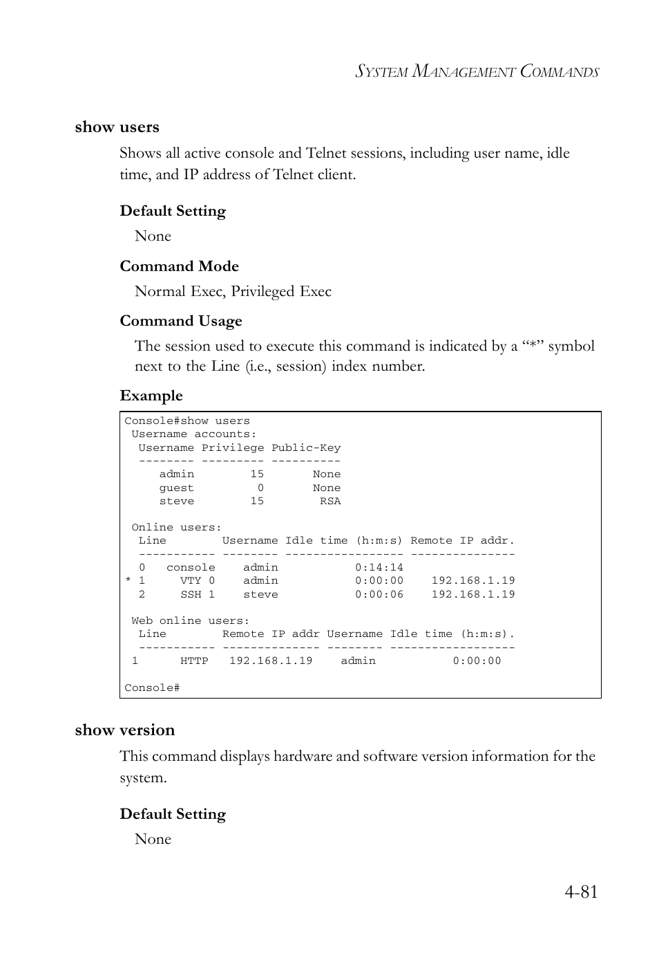 Show users, Show version, Show users -81 show version -81 | SMC Networks SMC Tiger 10/100 SMC6128L2 User Manual | Page 381 / 606