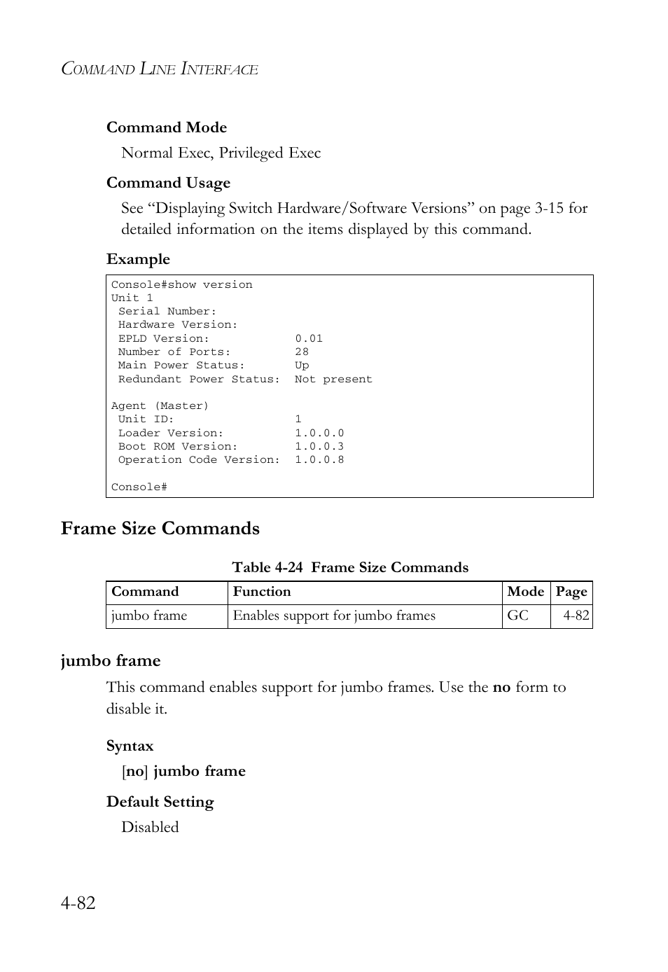 Frame size commands, Jumbo frame, Frame size commands -82 | Jumbo frame -82, Table 4-24 frame size commands -82 | SMC Networks SMC Tiger 10/100 SMC6128L2 User Manual | Page 382 / 606