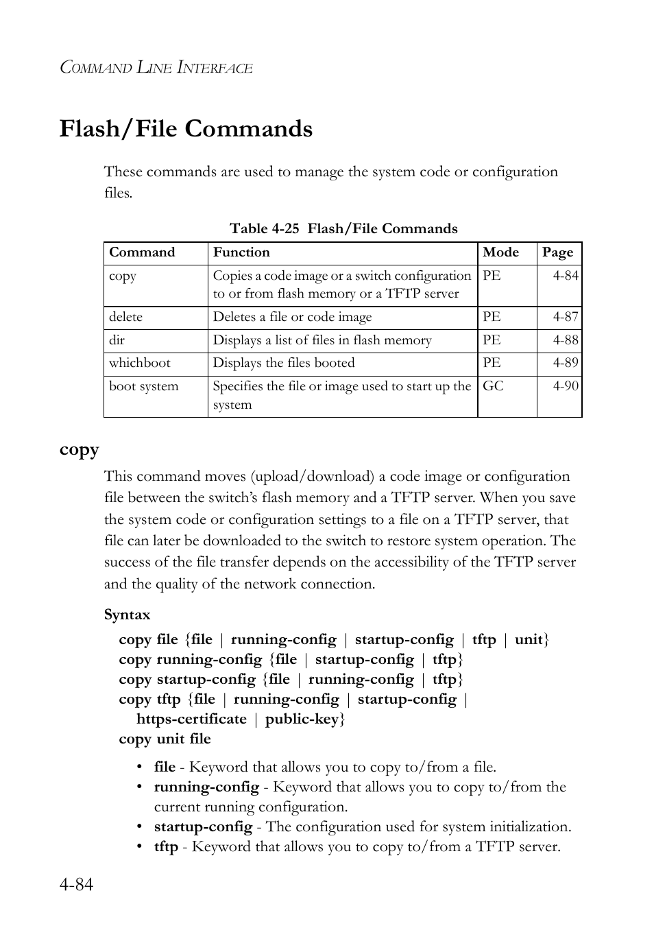 Flash/file commands, Copy, Flash/file commands -84 | Copy -84, Table 4-25 flash/file commands -84 | SMC Networks SMC Tiger 10/100 SMC6128L2 User Manual | Page 384 / 606