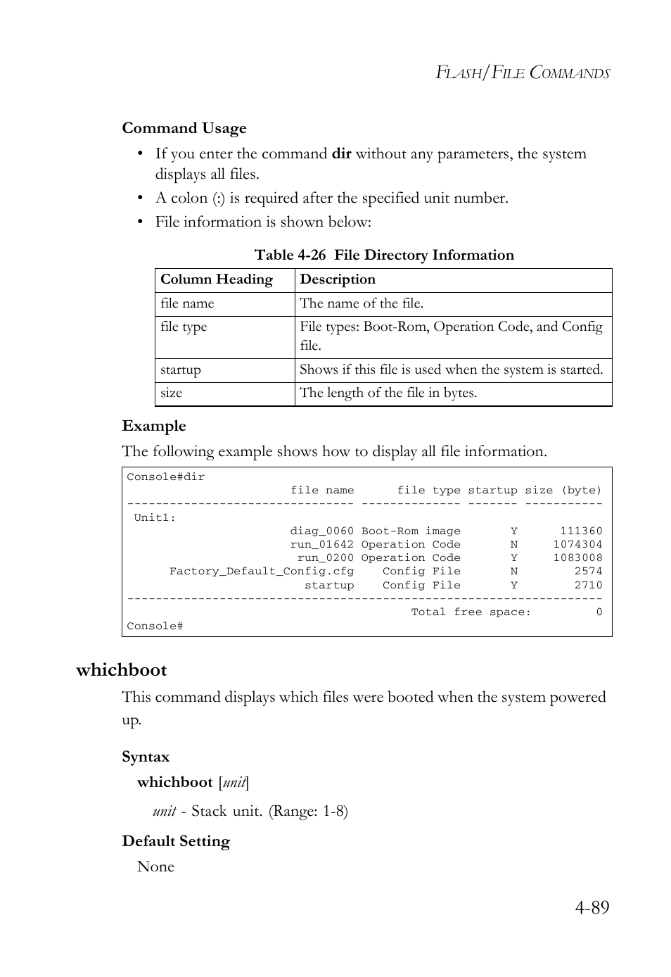 Whichboot, Whichboot -89, Table 4-26 file directory information -89 | SMC Networks SMC Tiger 10/100 SMC6128L2 User Manual | Page 389 / 606