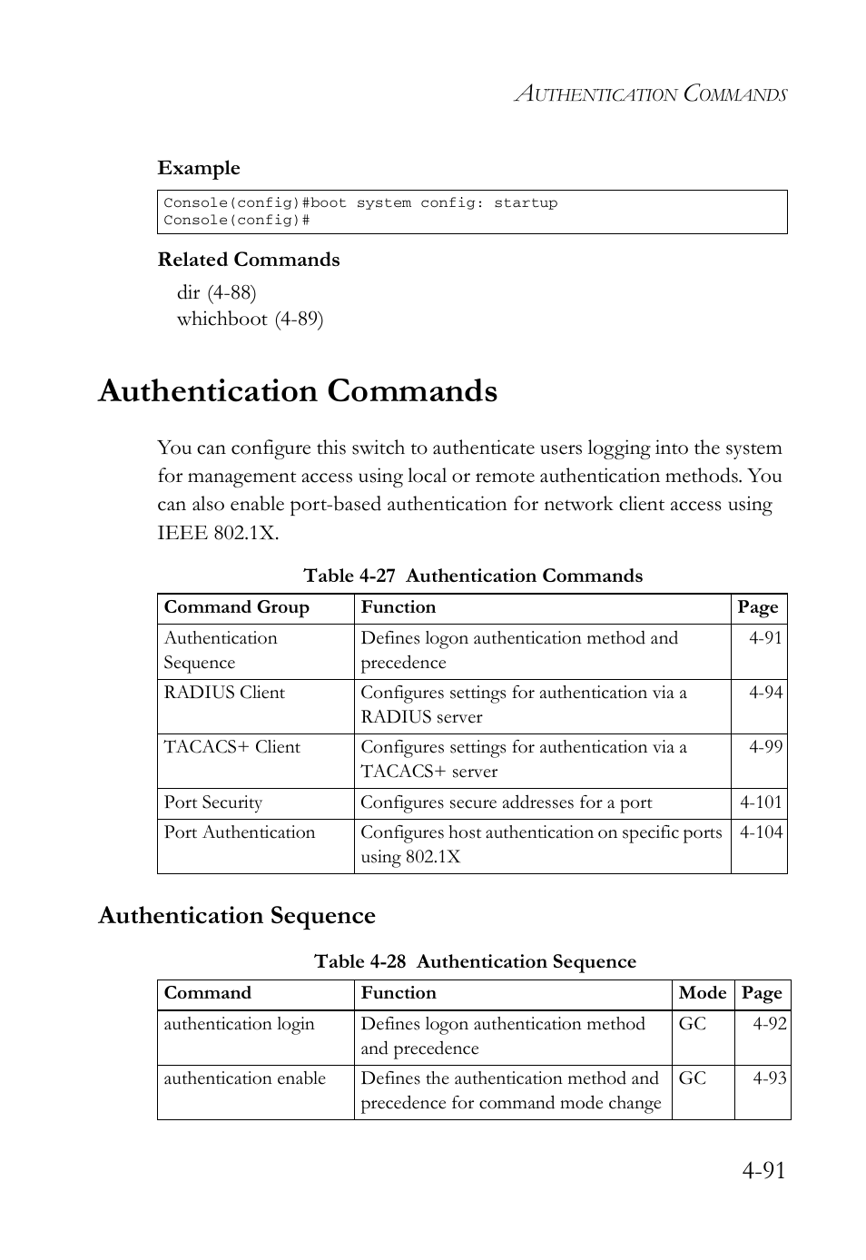 Authentication commands, Authentication sequence, Authentication commands -91 | Authentication sequence -91 | SMC Networks SMC Tiger 10/100 SMC6128L2 User Manual | Page 391 / 606