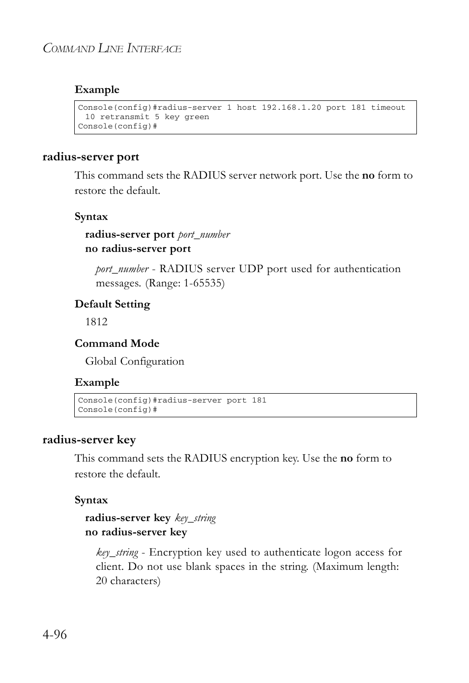 Radius-server port, Radius-server key, Radius-server port -96 radius-server key -96 | SMC Networks SMC Tiger 10/100 SMC6128L2 User Manual | Page 396 / 606
