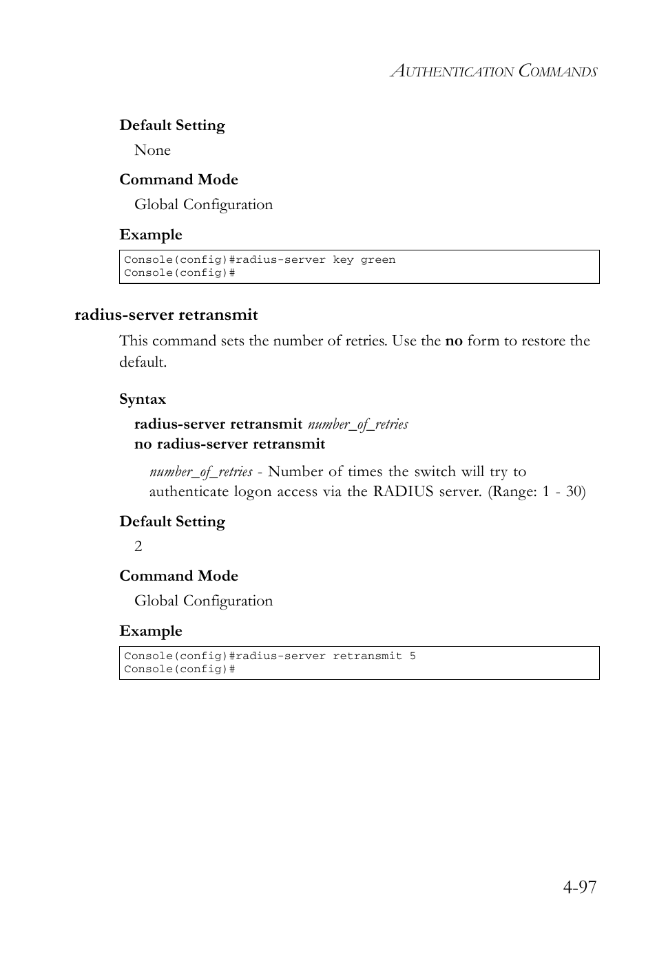 Radius-server retransmit, Radius-server retransmit -97 | SMC Networks SMC Tiger 10/100 SMC6128L2 User Manual | Page 397 / 606