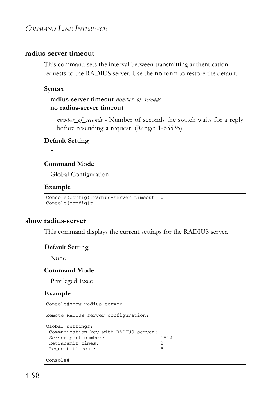 Radius-server timeout, Show radius-server, Radius-server timeout -98 show radius-server -98 | SMC Networks SMC Tiger 10/100 SMC6128L2 User Manual | Page 398 / 606