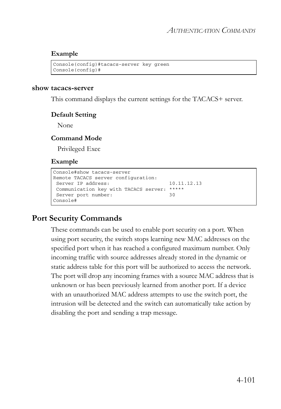 Show tacacs-server, Port security commands, Show tacacs-server -101 | Port security commands -101 | SMC Networks SMC Tiger 10/100 SMC6128L2 User Manual | Page 401 / 606