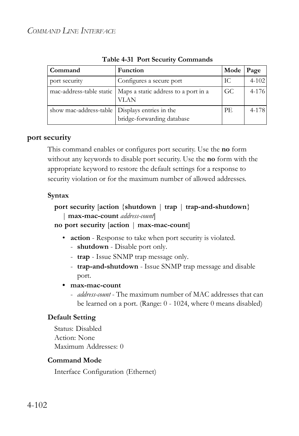 Port security, Port security -102, Table 4-31 port security commands -102 | SMC Networks SMC Tiger 10/100 SMC6128L2 User Manual | Page 402 / 606