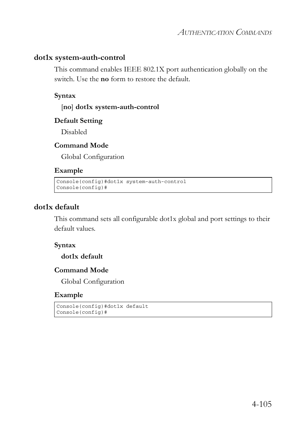 Dot1x system-auth-control, Dot1x default, Dot1x system-auth-control -105 dot1x default -105 | SMC Networks SMC Tiger 10/100 SMC6128L2 User Manual | Page 405 / 606