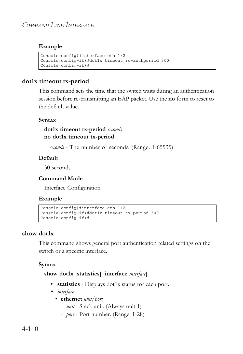 Dot1x timeout tx-period, Show dot1x, Dot1x timeout tx-period -110 show dot1x -110 | SMC Networks SMC Tiger 10/100 SMC6128L2 User Manual | Page 410 / 606