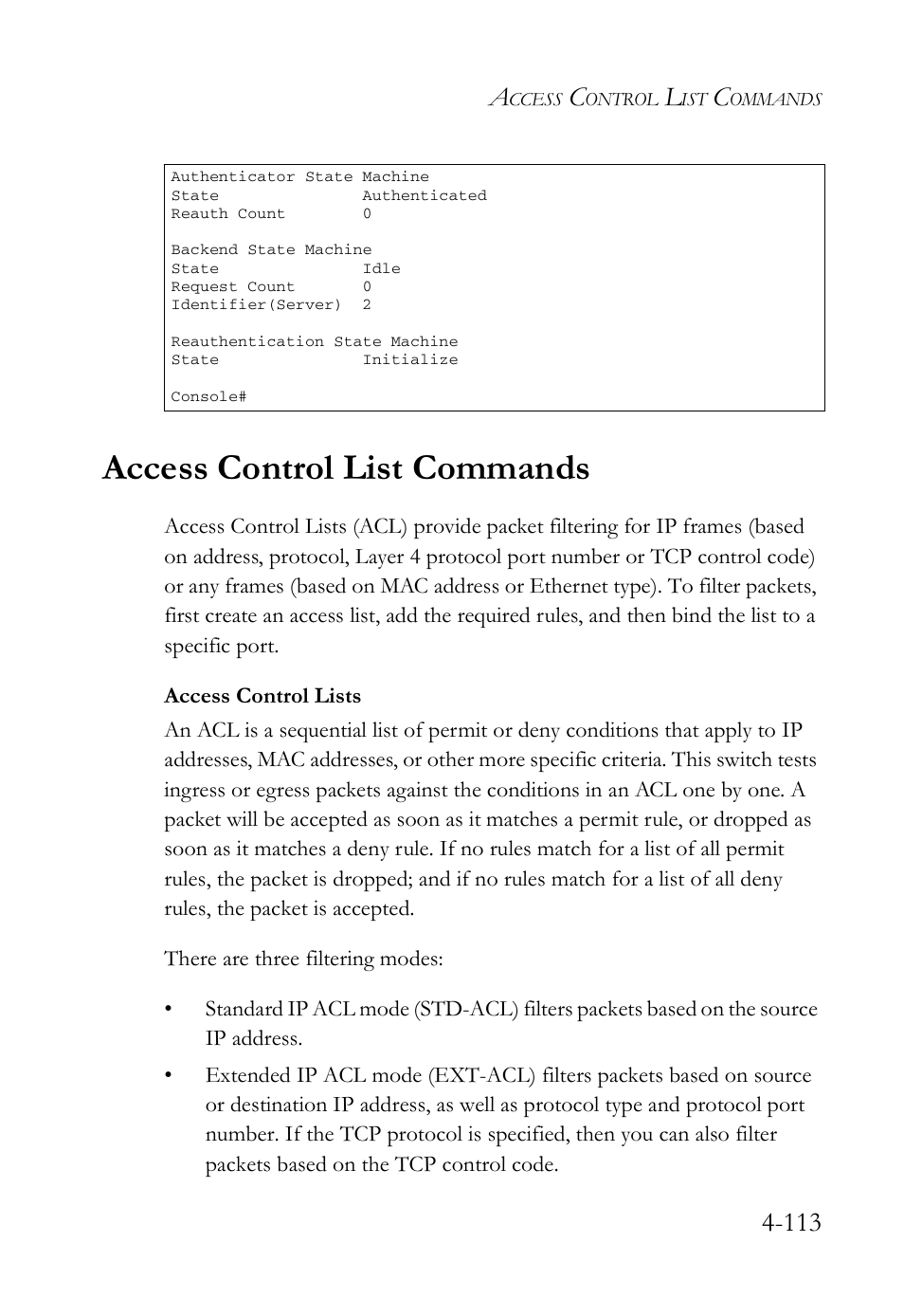 Access control list commands, Access control list commands -113 | SMC Networks SMC Tiger 10/100 SMC6128L2 User Manual | Page 413 / 606