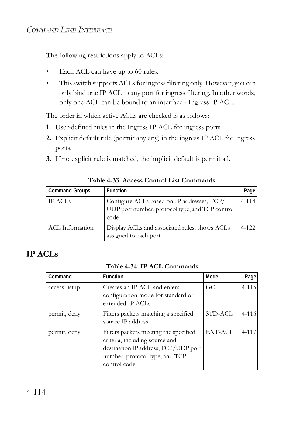 Ip acls, Ip acls -114 | SMC Networks SMC Tiger 10/100 SMC6128L2 User Manual | Page 414 / 606