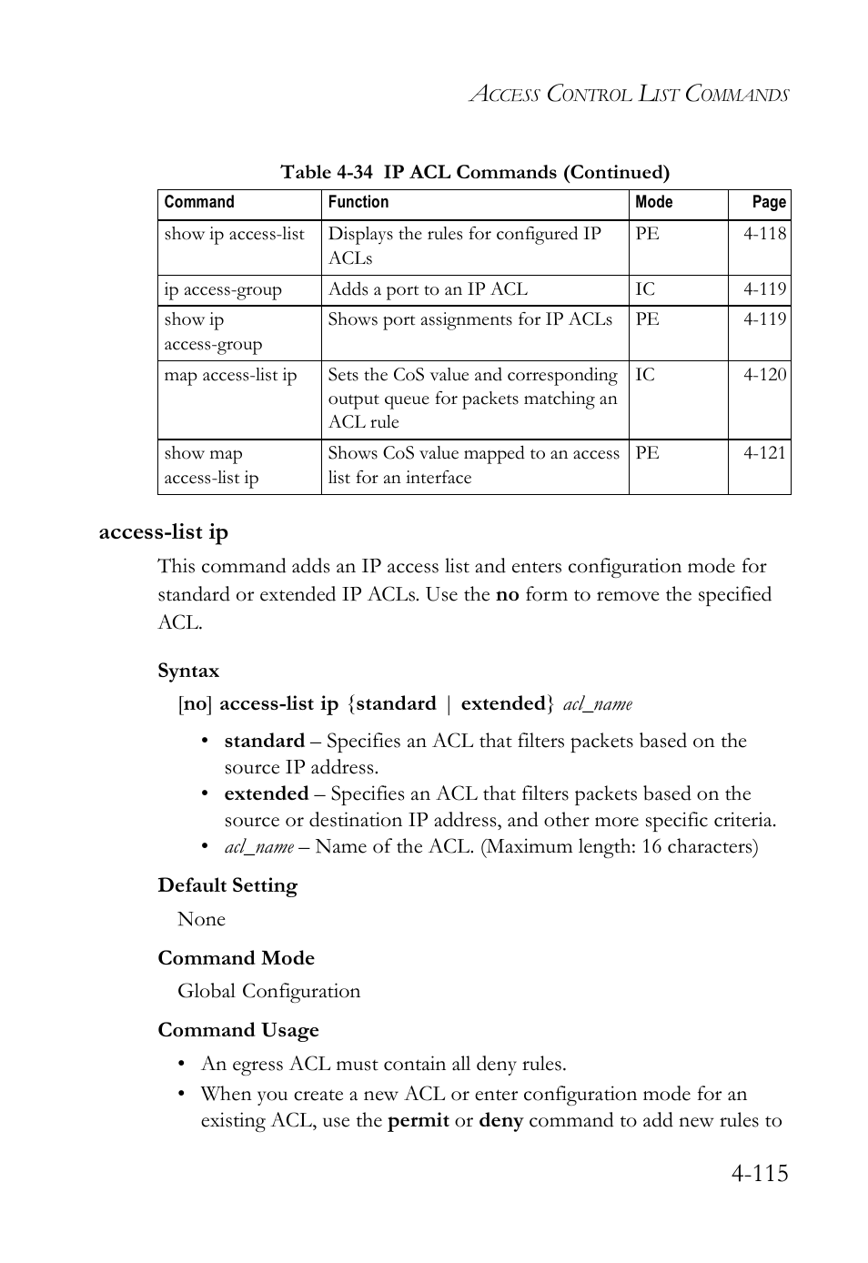 Access-list ip, Access-list ip -115 | SMC Networks SMC Tiger 10/100 SMC6128L2 User Manual | Page 415 / 606