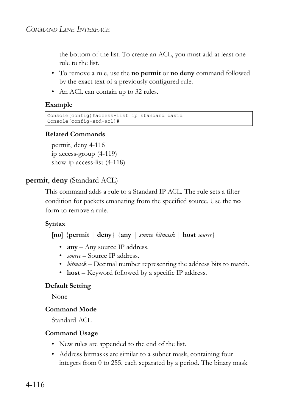 Permit, deny (standard acl), Permit, deny (standard acl) -116 | SMC Networks SMC Tiger 10/100 SMC6128L2 User Manual | Page 416 / 606