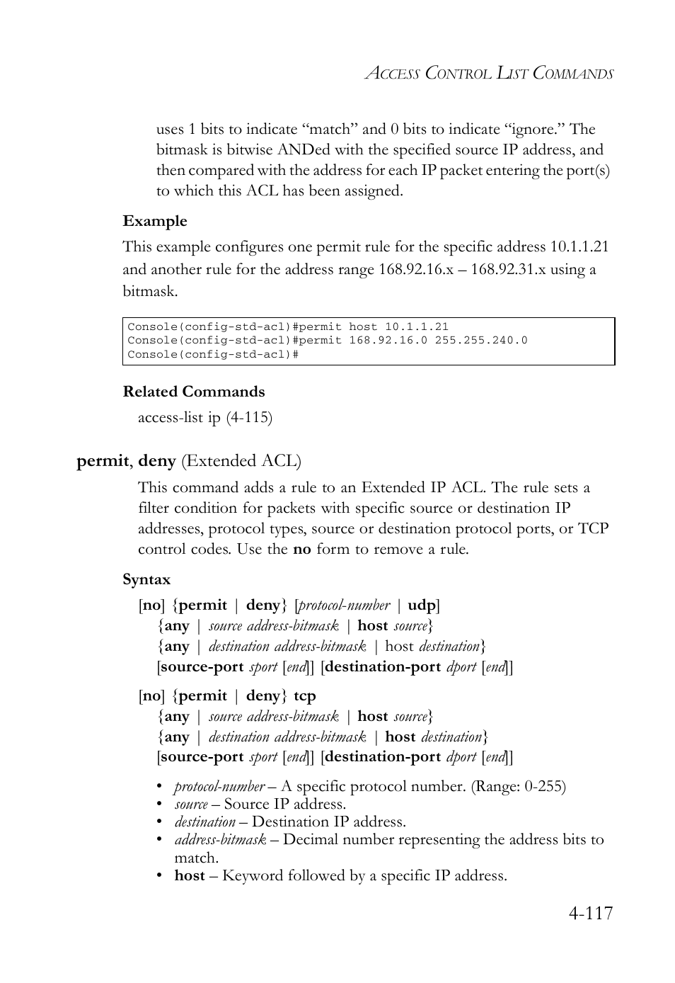 Permit, deny (extended acl), Permit, deny (extended acl) -117 | SMC Networks SMC Tiger 10/100 SMC6128L2 User Manual | Page 417 / 606