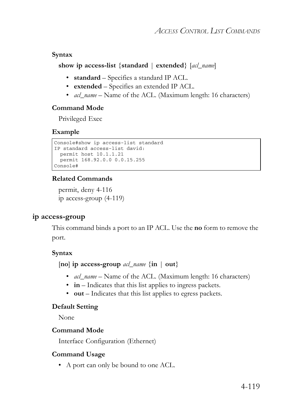 Ip access-group, Ip access-group -119 | SMC Networks SMC Tiger 10/100 SMC6128L2 User Manual | Page 419 / 606