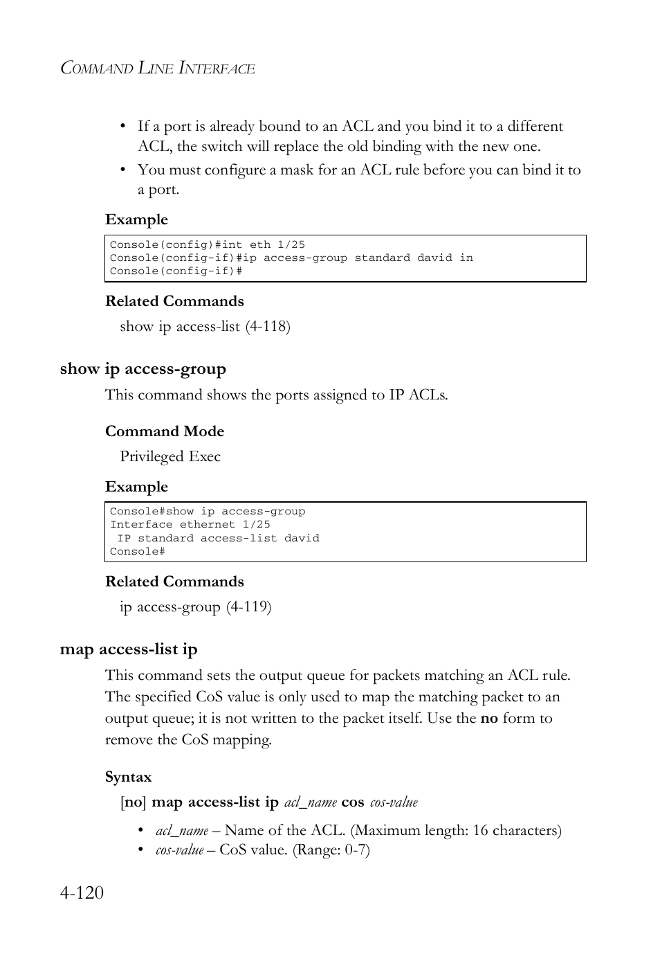 Show ip access-group, Map access-list ip, Show ip access-group -120 map access-list ip -120 | SMC Networks SMC Tiger 10/100 SMC6128L2 User Manual | Page 420 / 606