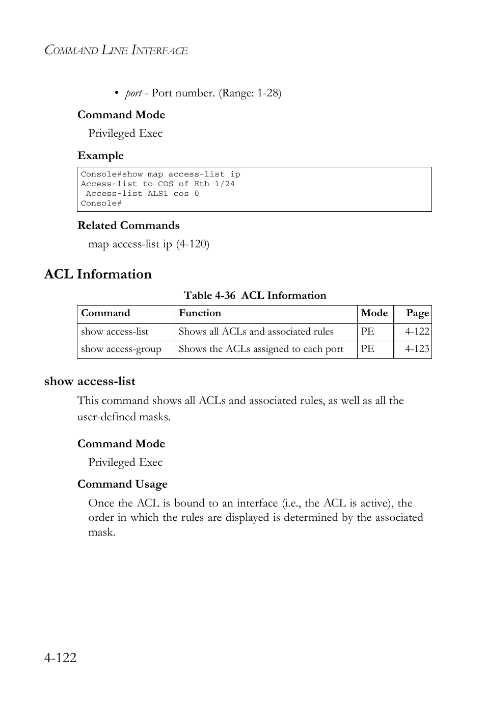 Acl information, Show access-list, Acl information -122 | Show access-list -122, Table 4-36 acl information -122 | SMC Networks SMC Tiger 10/100 SMC6128L2 User Manual | Page 422 / 606