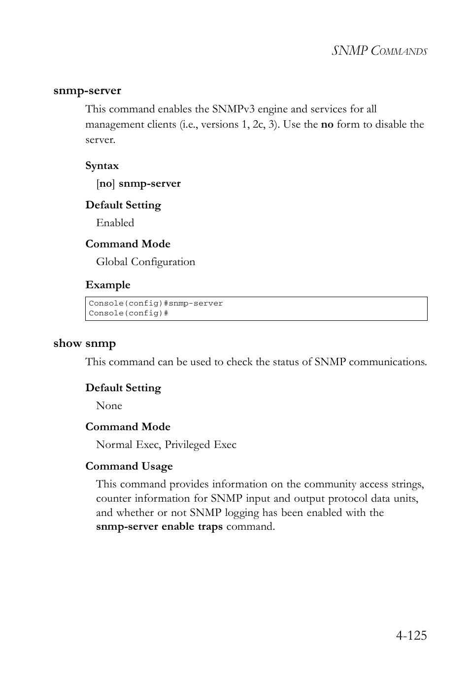 Snmp-server, Show snmp, Snmp-server -125 show snmp -125 | Snmp c | SMC Networks SMC Tiger 10/100 SMC6128L2 User Manual | Page 425 / 606