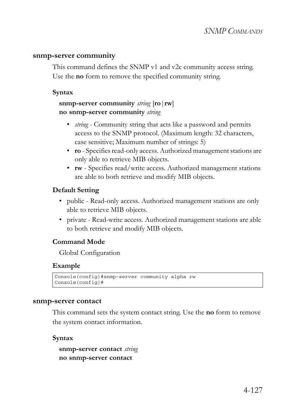 Snmp-server community, Snmp-server contact, Snmp c | SMC Networks SMC Tiger 10/100 SMC6128L2 User Manual | Page 427 / 606