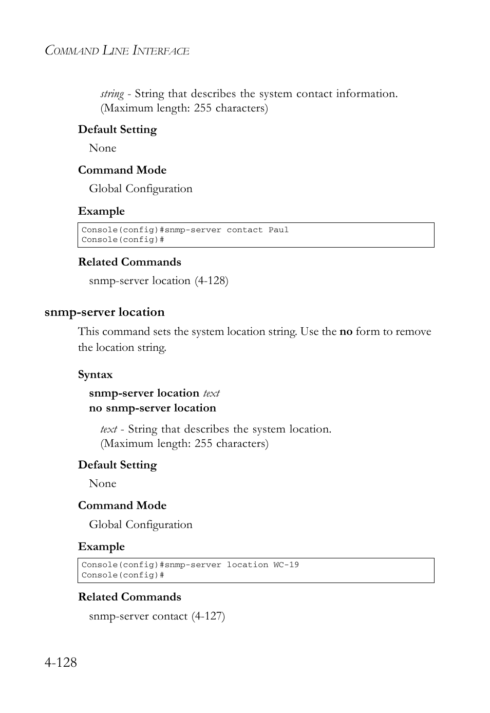 Snmp-server location, Snmp-server location -128 | SMC Networks SMC Tiger 10/100 SMC6128L2 User Manual | Page 428 / 606