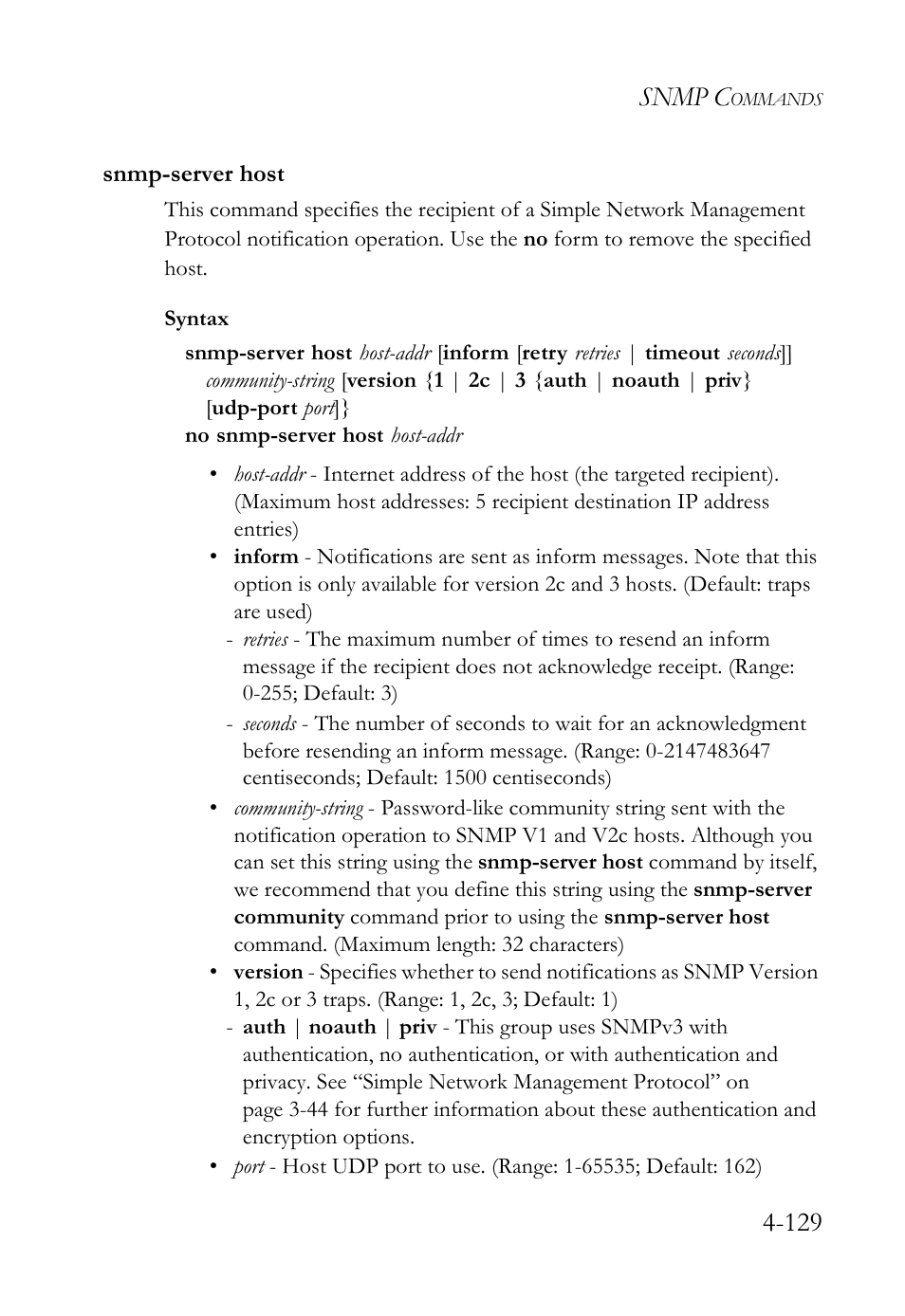 Snmp-server host, Snmp-server host -129, Snmp c | SMC Networks SMC Tiger 10/100 SMC6128L2 User Manual | Page 429 / 606