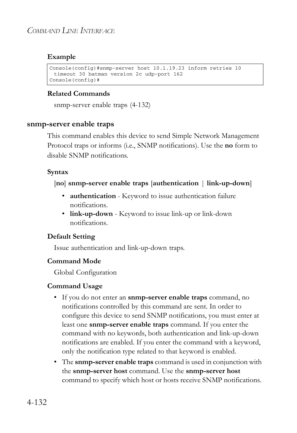 Snmp-server enable traps, Snmp-server enable traps -132 | SMC Networks SMC Tiger 10/100 SMC6128L2 User Manual | Page 432 / 606