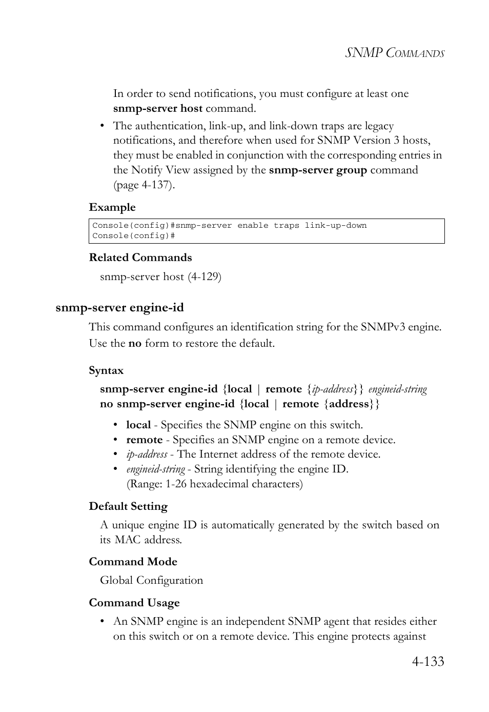 Snmp-server engine-id, Snmp-server engine-id -133, Snmp c | SMC Networks SMC Tiger 10/100 SMC6128L2 User Manual | Page 433 / 606