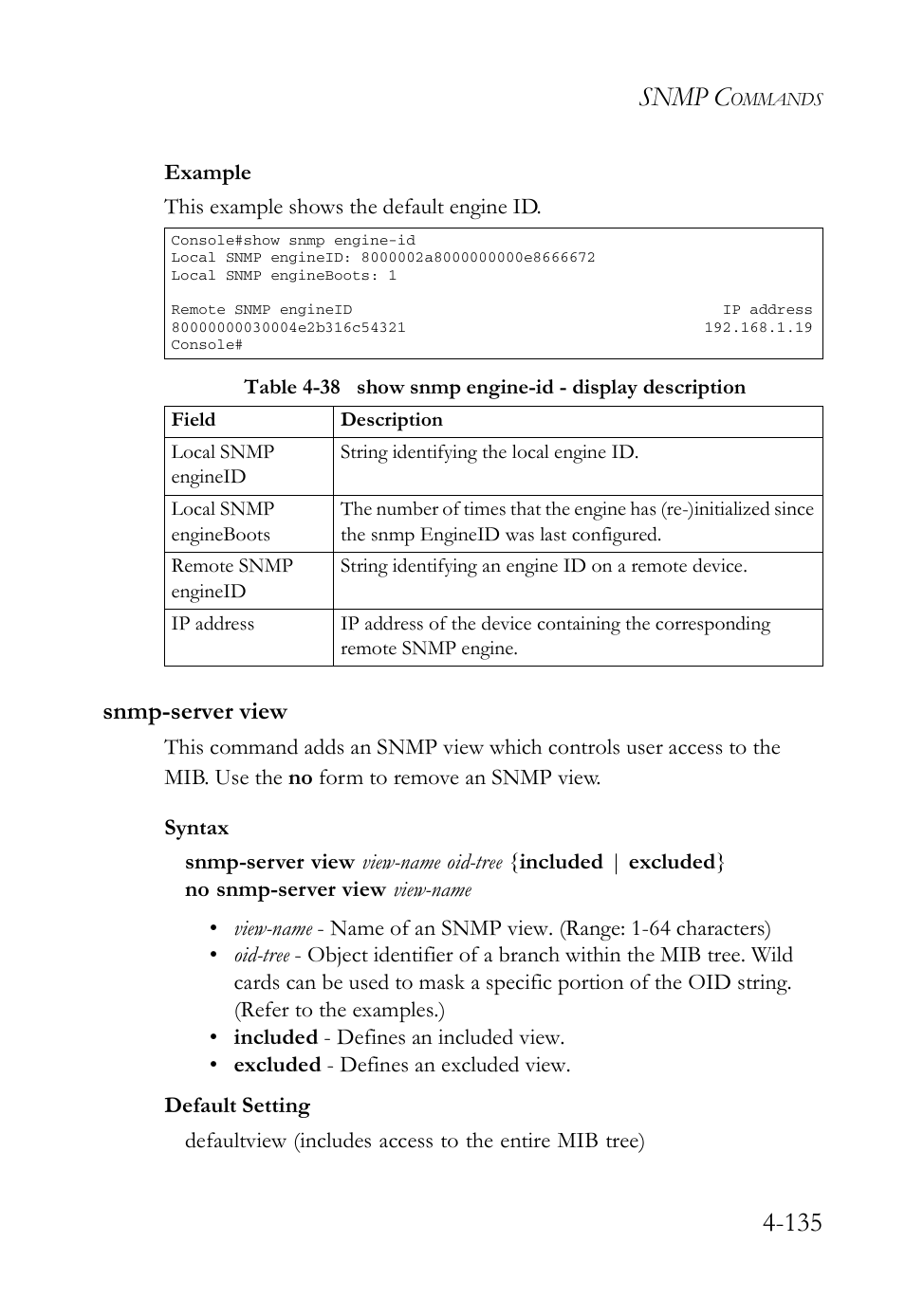 Snmp-server view, Snmp-server view -135, Snmp c | SMC Networks SMC Tiger 10/100 SMC6128L2 User Manual | Page 435 / 606