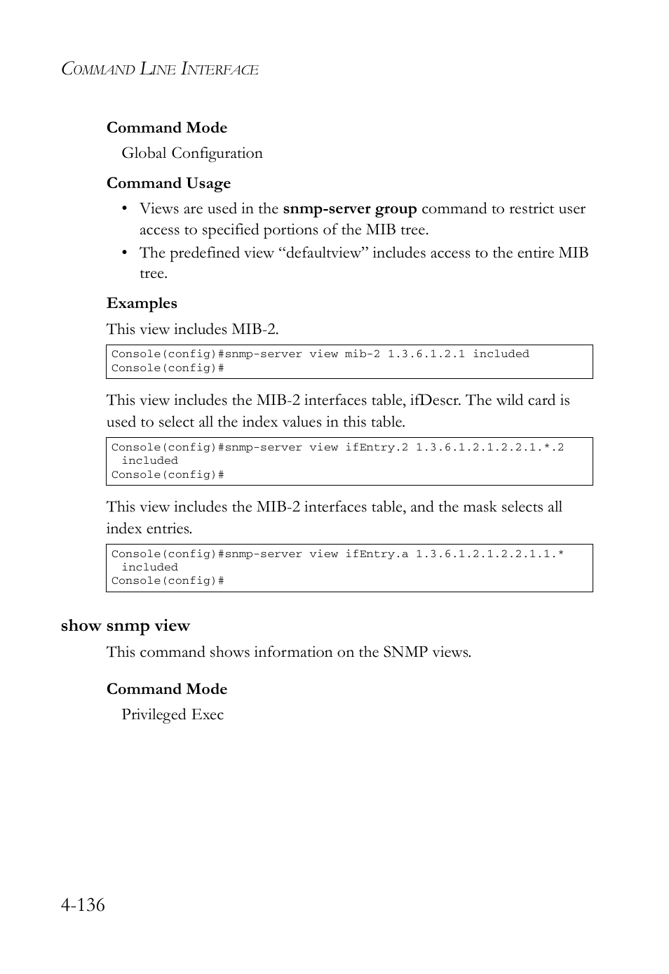 Show snmp view, Show snmp view -136 | SMC Networks SMC Tiger 10/100 SMC6128L2 User Manual | Page 436 / 606