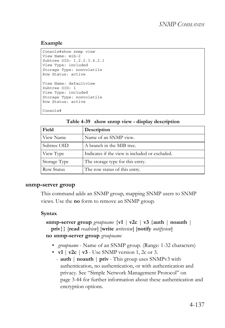 Snmp-server group, Snmp-server group -137, Snmp c | SMC Networks SMC Tiger 10/100 SMC6128L2 User Manual | Page 437 / 606