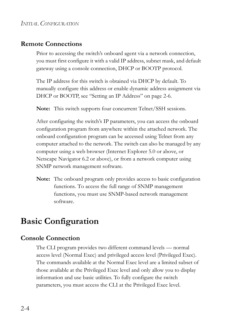 Remote connections, Basic configuration, Console connection | Remote connections -4, Basic configuration -4, Console connection -4 | SMC Networks SMC Tiger 10/100 SMC6128L2 User Manual | Page 44 / 606