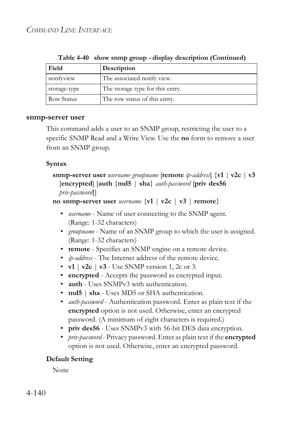 Snmp-server user, Snmp-server user -140, Snmp-server user co | SMC Networks SMC Tiger 10/100 SMC6128L2 User Manual | Page 440 / 606