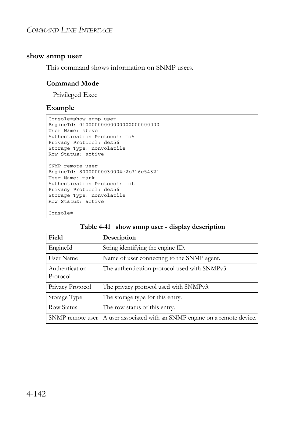 Show snmp user, Show snmp user -142 | SMC Networks SMC Tiger 10/100 SMC6128L2 User Manual | Page 442 / 606