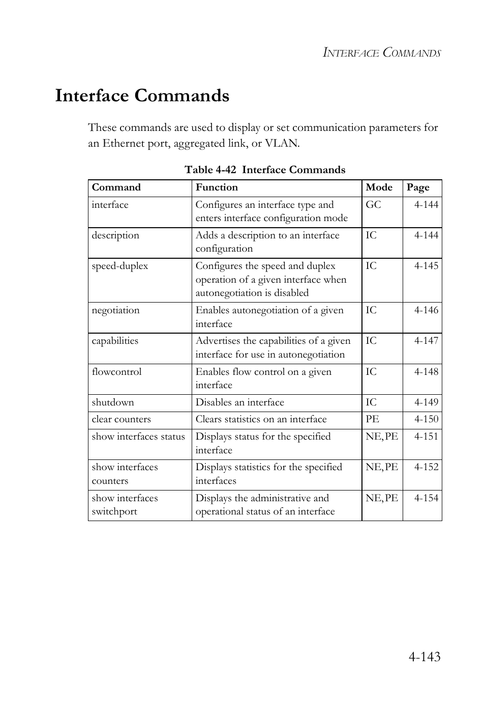 Interface commands, Interface commands -143, Table 4-42 interface commands -143 | SMC Networks SMC Tiger 10/100 SMC6128L2 User Manual | Page 443 / 606