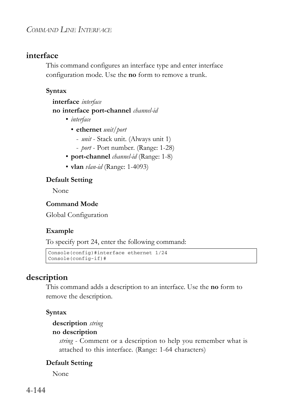 Interface, Description, Interface -144 description -144 | 144 interface | SMC Networks SMC Tiger 10/100 SMC6128L2 User Manual | Page 444 / 606