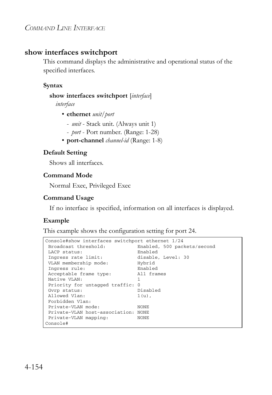 Show interfaces switchport, Show interfaces switchport -154, 154 show interfaces switchport | SMC Networks SMC Tiger 10/100 SMC6128L2 User Manual | Page 454 / 606