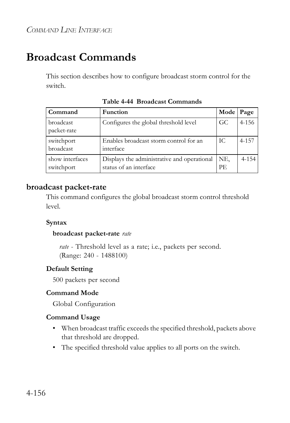 Broadcast commands, Broadcast packet-rate, Broadcast commands -156 | Broadcast packet-rate -156, Table 4-44 broadcast commands -156, E 4-156) | SMC Networks SMC Tiger 10/100 SMC6128L2 User Manual | Page 456 / 606