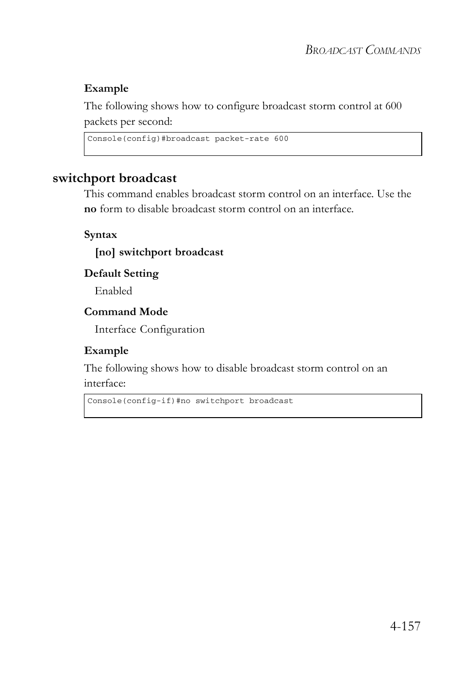 Switchport broadcast, Switchport broadcast -157 | SMC Networks SMC Tiger 10/100 SMC6128L2 User Manual | Page 457 / 606