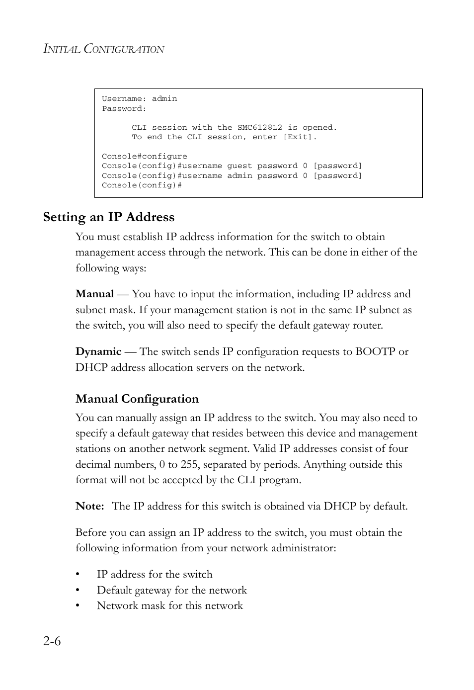 Setting an ip address, Manual configuration, Setting an ip address -6 | Manual configuration -6 | SMC Networks SMC Tiger 10/100 SMC6128L2 User Manual | Page 46 / 606