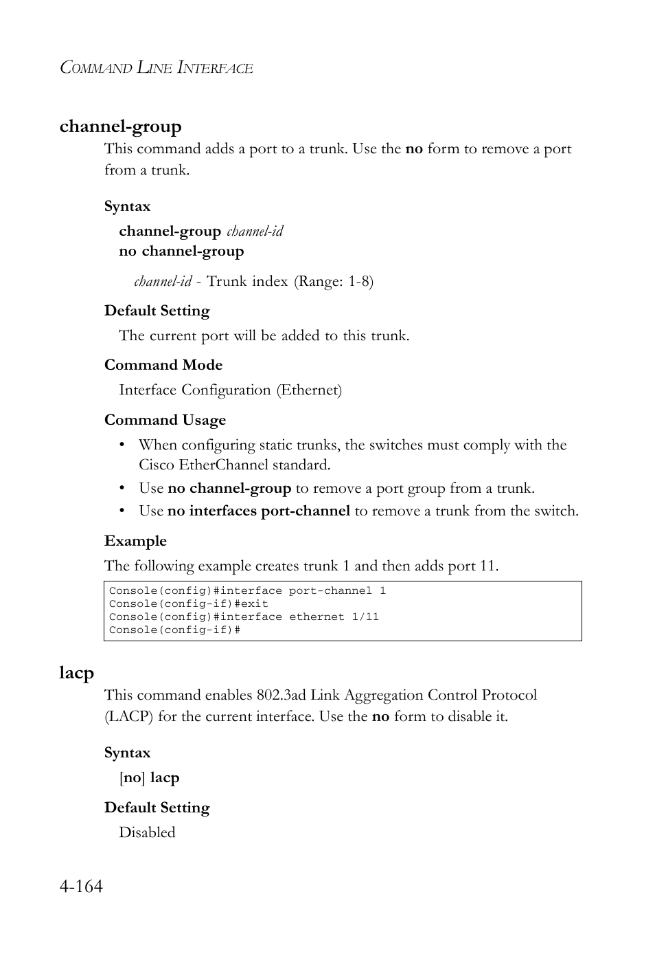 Channel-group, Lacp, Channel-group -164 lacp -164 | 164 channel-group | SMC Networks SMC Tiger 10/100 SMC6128L2 User Manual | Page 464 / 606