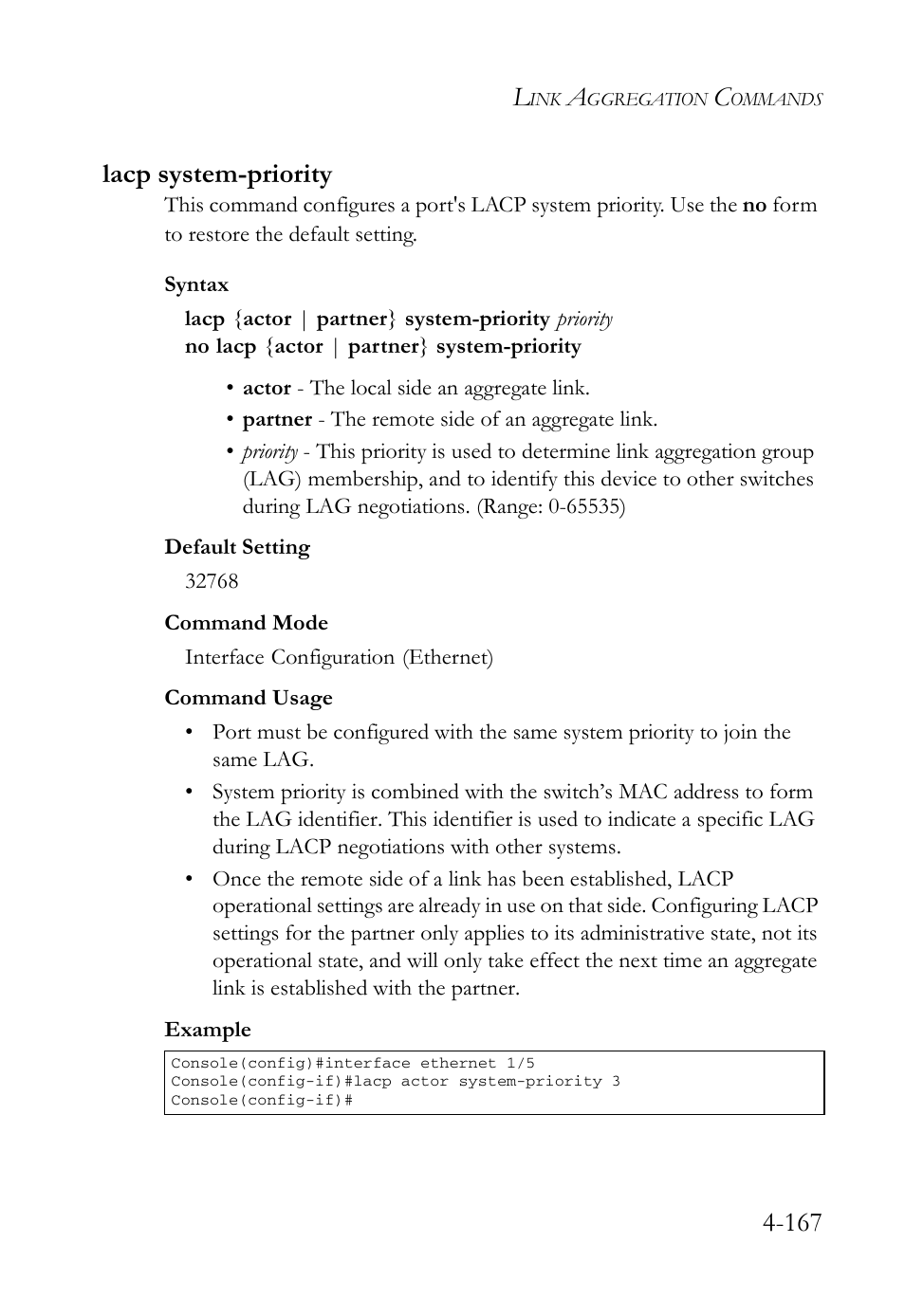 Lacp system-priority, Lacp system-priority -167, 167 lacp system-priority | SMC Networks SMC Tiger 10/100 SMC6128L2 User Manual | Page 467 / 606