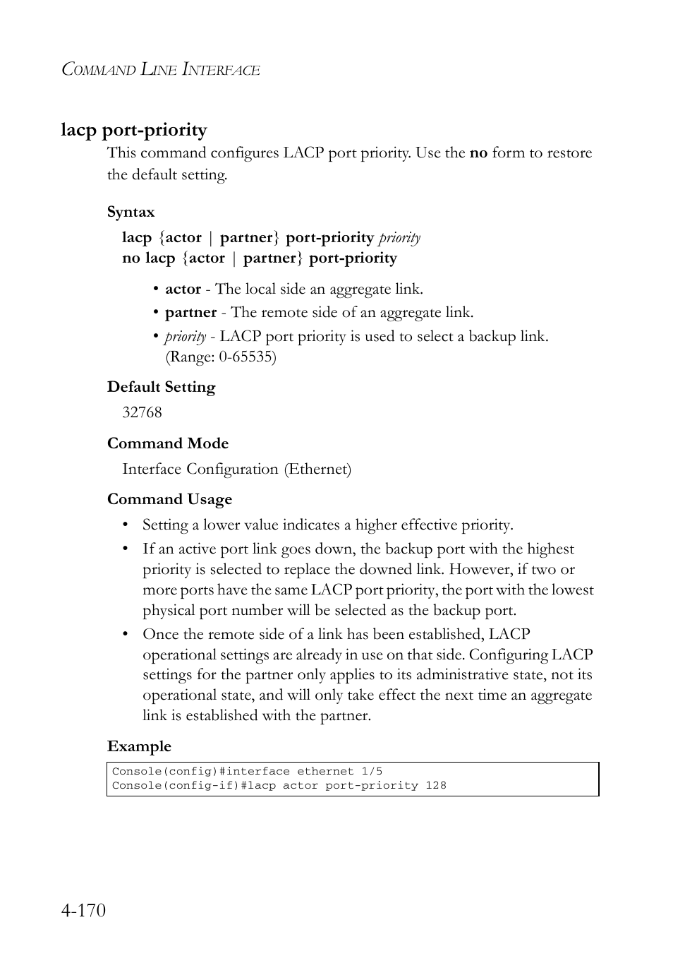 Lacp port-priority, Lacp port-priority -170, 170 lacp port-priority | SMC Networks SMC Tiger 10/100 SMC6128L2 User Manual | Page 470 / 606