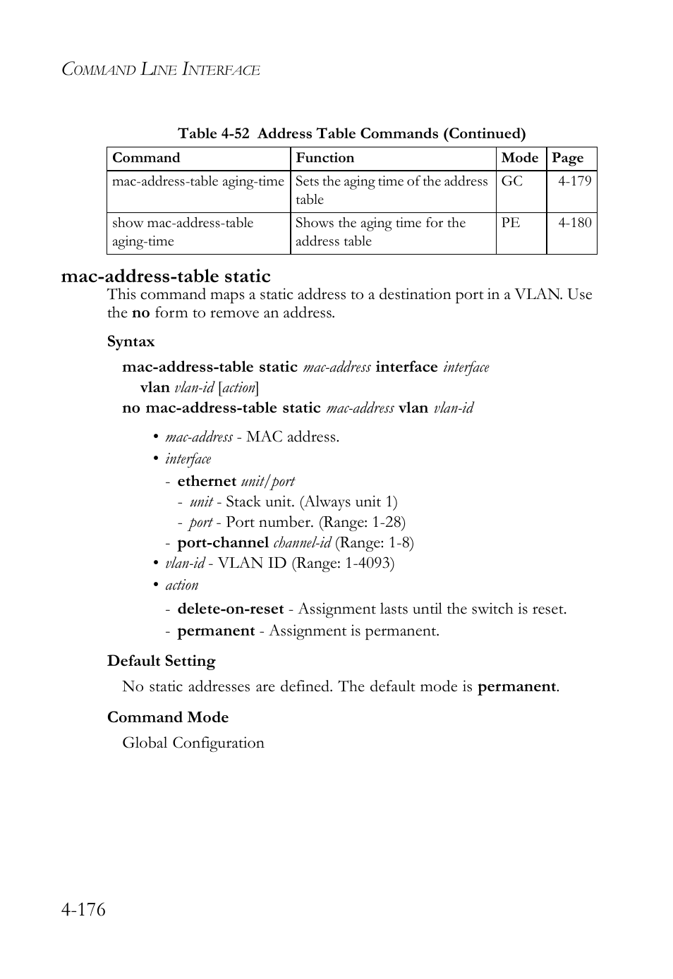 Mac-address-table static, Mac-address-table static -176, Mac-address-table static (4-176) | 176 mac-address-table static | SMC Networks SMC Tiger 10/100 SMC6128L2 User Manual | Page 476 / 606
