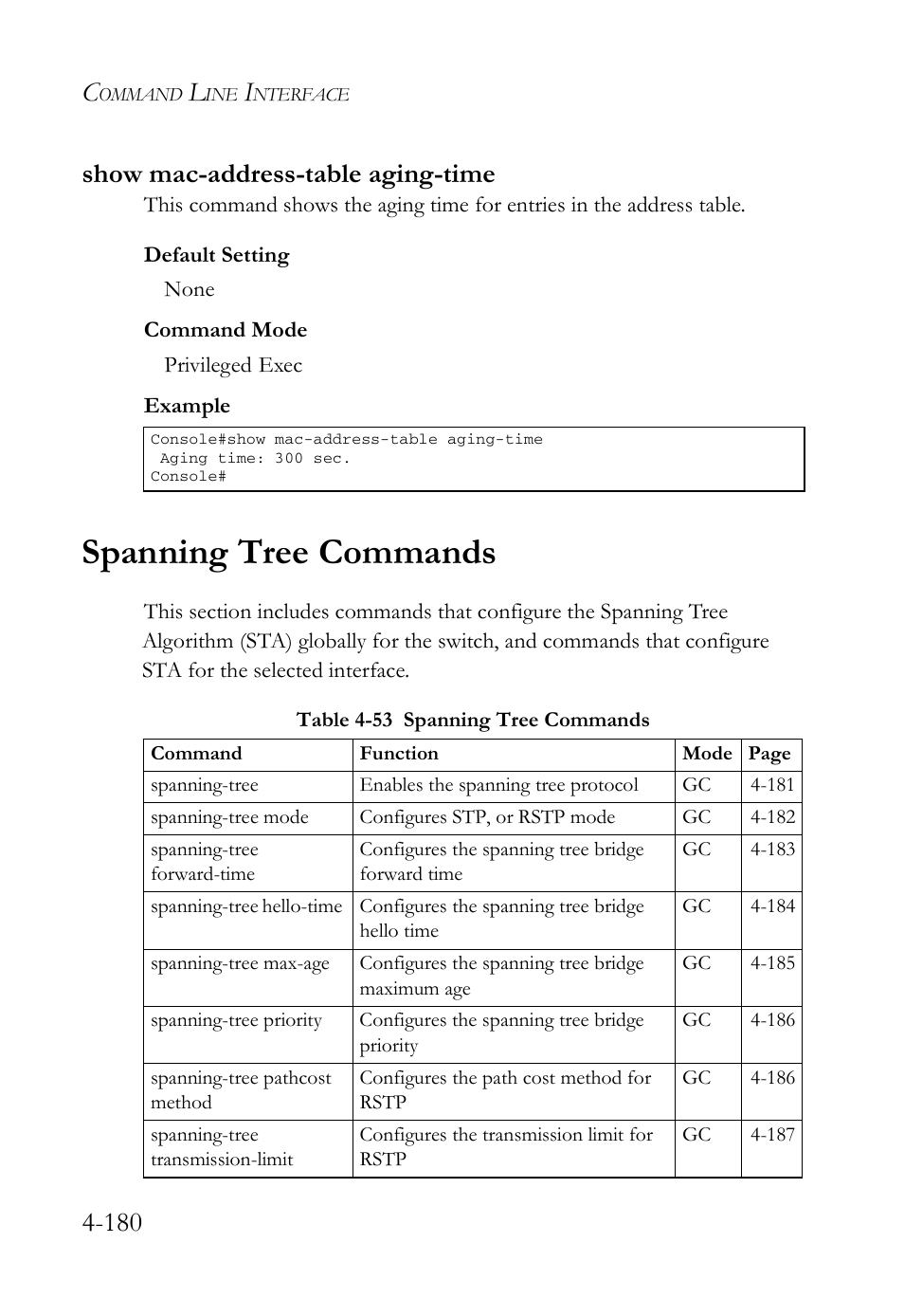 Show mac-address-table aging-time, Spanning tree commands, Show mac-address-table aging-time -180 | Spanning tree commands -180, Table 4-53 spanning tree commands -180, 180 show mac-address-table aging-time | SMC Networks SMC Tiger 10/100 SMC6128L2 User Manual | Page 480 / 606