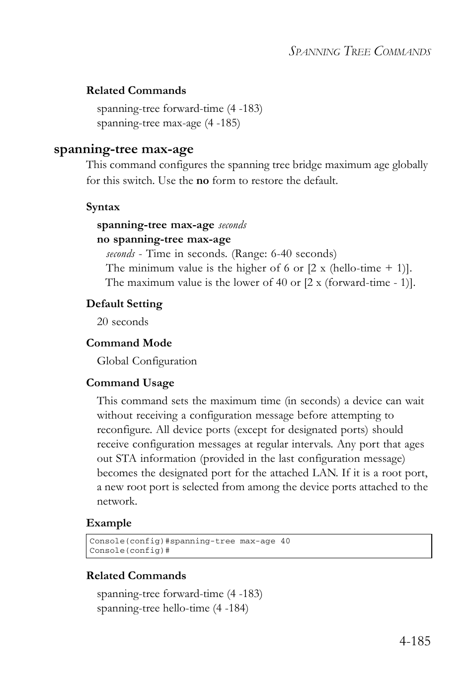 Spanning-tree max-age, Spanning-tree max-age -185 | SMC Networks SMC Tiger 10/100 SMC6128L2 User Manual | Page 485 / 606