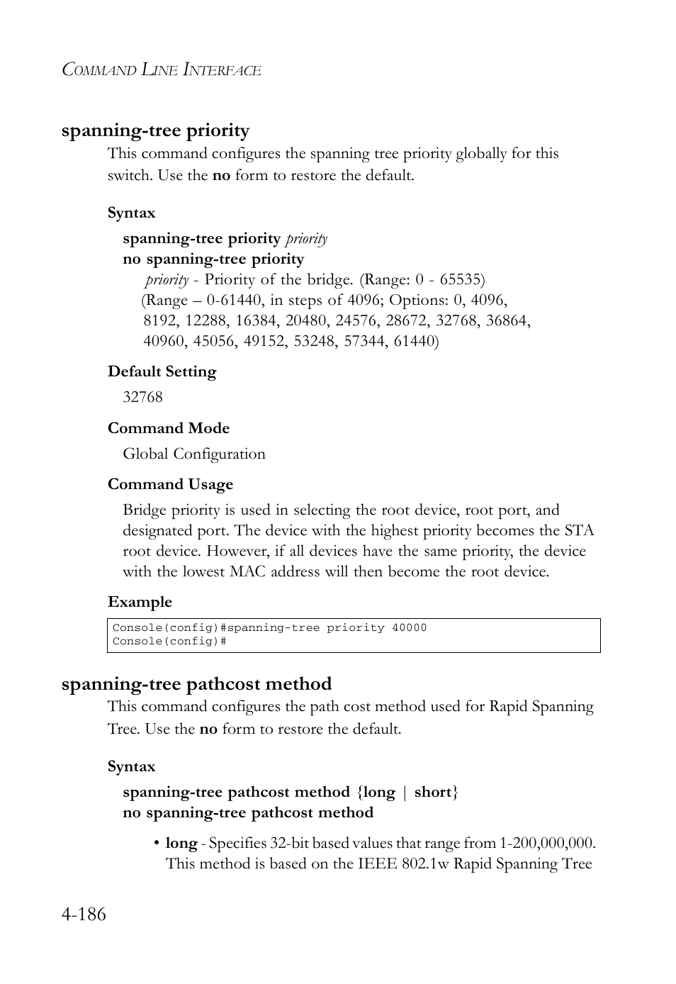 Spanning-tree priority, Spanning-tree pathcost method, 186 spanning-tree priority | SMC Networks SMC Tiger 10/100 SMC6128L2 User Manual | Page 486 / 606